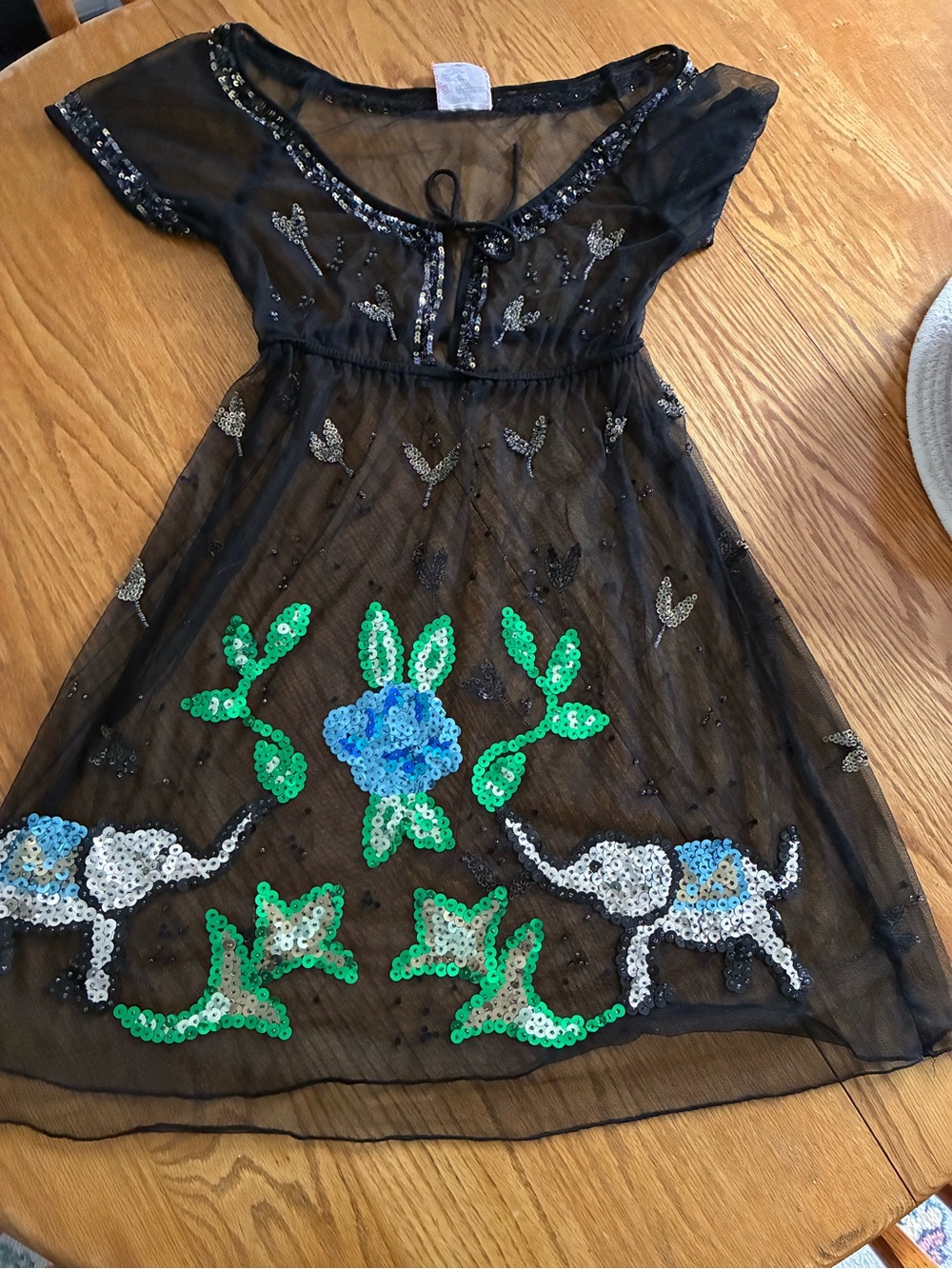 Free People Black Sequin Floral Mesh Mini Dress w/Floral and Elephant Detail